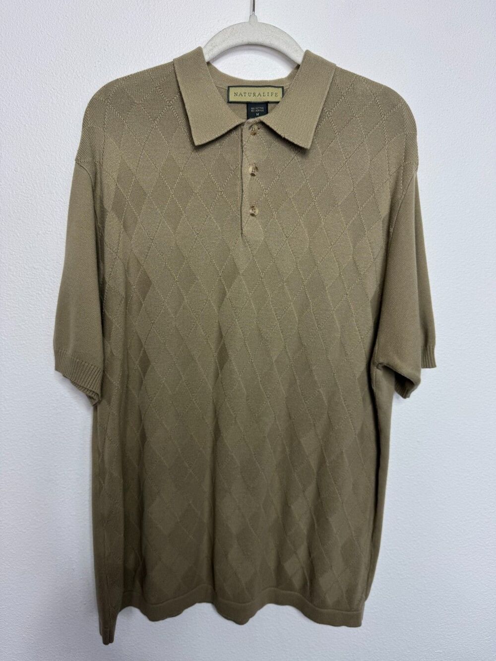 Naturalife Mens Medium Diamond Print Knit Polo Shirt Tan Short Sleeve Collared